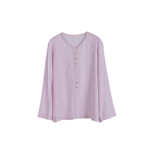 绽放294朵/宝蓝色织亚麻圆领半开襟宽松慵懒文艺长袖防晒休闲衬衫 商品图4