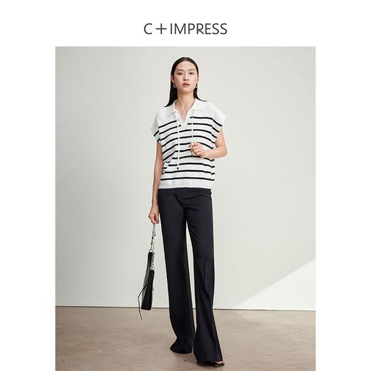 西嘉C+IMPRESS/西嘉百搭廓形polo领撞色条纹羊毛混纺飞飞袖女士针织衫MY2401107 商品图2