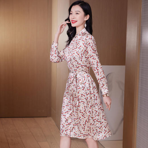 真丝碎花连衣裙，水墨画印花长袖裙ASE-9510 商品图1