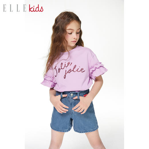 ELLEKIDS 童装 抗菌优棉荷叶袖珠片绣T恤 商品图1