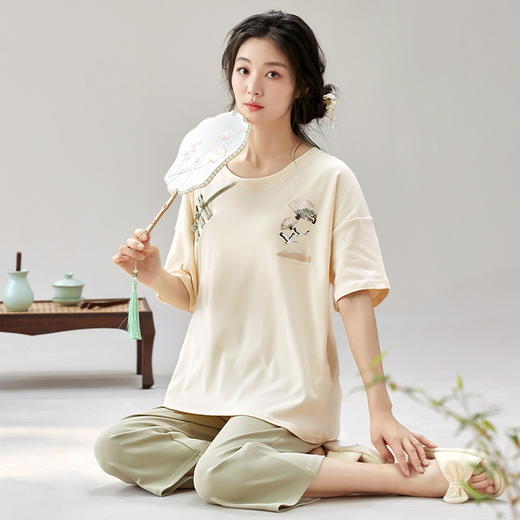 睡衣女夏季盘扣装饰短袖七分裤甜美薄款气质国风家居服新中式套装_ZSY 商品图11