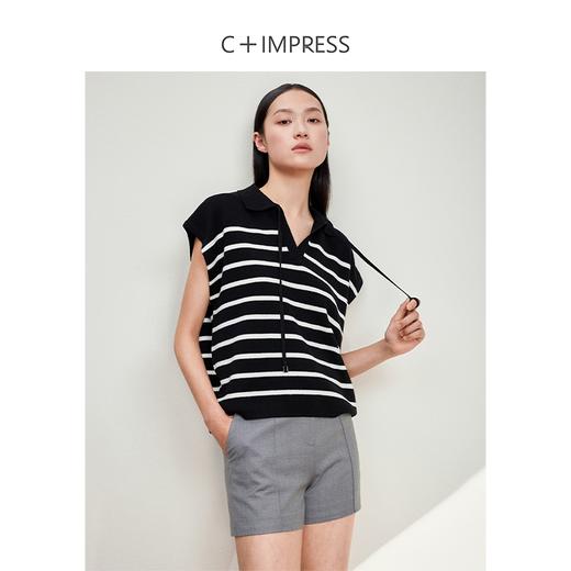 西嘉C+IMPRESS/西嘉百搭廓形polo领撞色条纹羊毛混纺飞飞袖女士针织衫MY2401107 商品图1