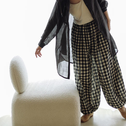 绽放286朵/氧气裤强捻微皱肌理感格子裤纯棉轻灯笼裤薄款休闲裙裤 商品图2