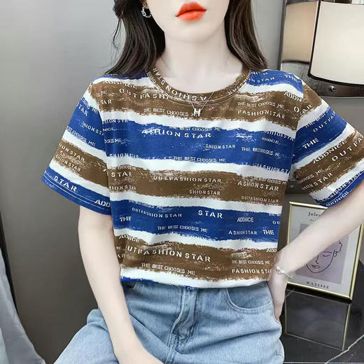 ALBB-夏季韩版新款半袖体恤女士装2024年条纹洋气短袖t恤衫宽松上衣服 商品图11