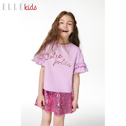 ELLEKIDS 童装 抗菌优棉荷叶袖珠片绣T恤 商品图0