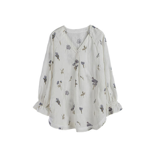 绽放245朵/白底刺绣亚麻衬衫旅游穿搭V领荷叶边下摆贴边长袖衬衣 商品图4