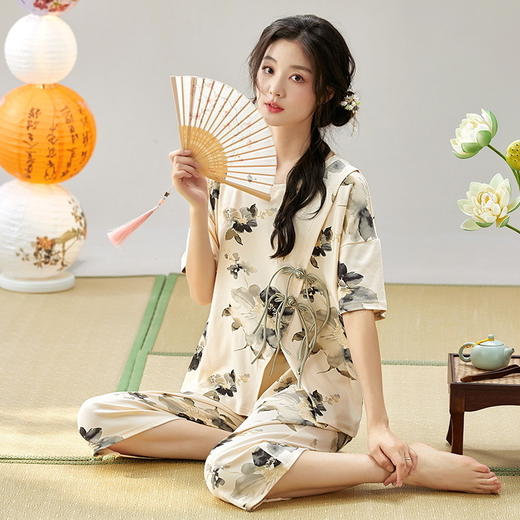 睡衣女夏季盘扣装饰短袖七分裤甜美薄款气质国风家居服新中式套装_ZSY 商品图2