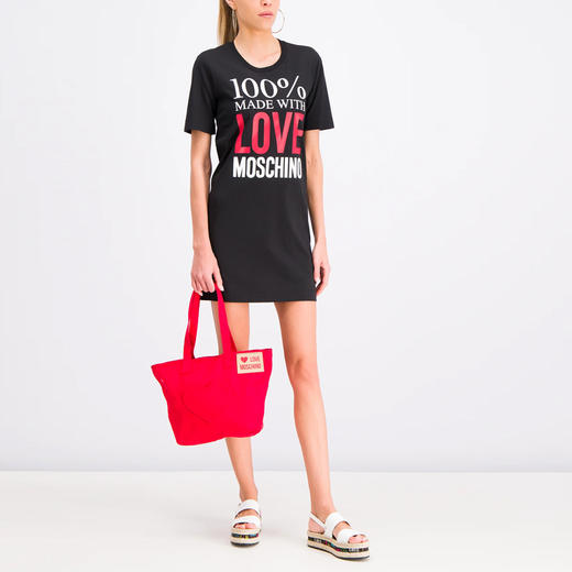 LOVE MOSCHINO 莫斯奇诺 女士字母徽标印花棉质圆领短袖T恤裙 黑色 W5A0 208M 3517 C74 商品图3