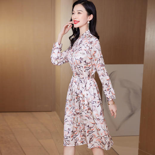 水墨花真丝连衣裙，长袖宽松大码裙ASE-9512 商品图1