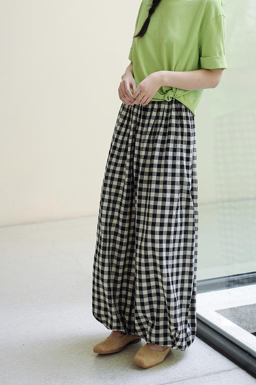 绽放286朵/氧气裤强捻微皱肌理感格子裤纯棉轻灯笼裤薄款休闲裙裤 商品图5