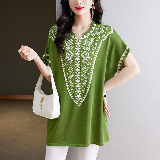 大码妈妈装短袖t恤中长款上衣，显瘦洋气冰丝针织衫CC-tbrk-6839 商品图0