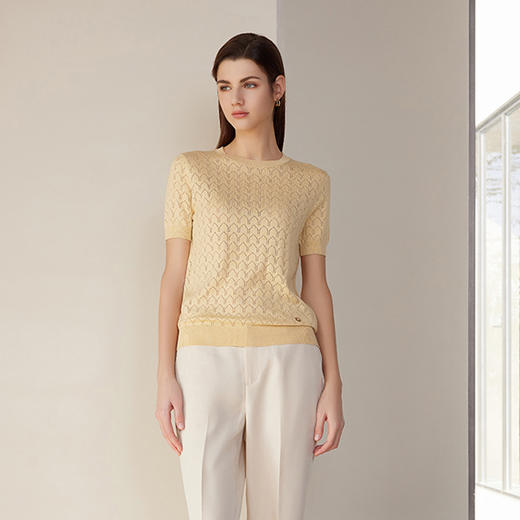 【棉桑蚕丝针织短袖套衫】24年夏季新款黄色时尚百搭针织上衣 商品图0
