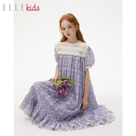 ELLEKIDS 童装 刺绣蕾丝宫廷风重工中长款公主连衣裙 商品图0