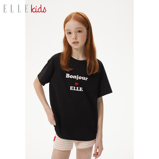 ELLEKIDS 童装  插肩袖印花爱心纽扣冰感棉短袖T恤 商品图1