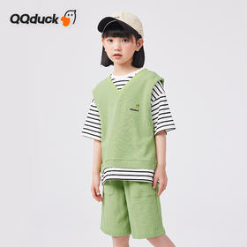 【两件套】【120-165】【可可鸭】女童夏季华夫格短袖短裤运动套装