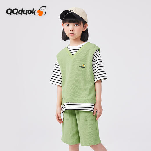 【两件套】【120-165】【可可鸭】女童夏季华夫格短袖短裤运动套装 商品图0