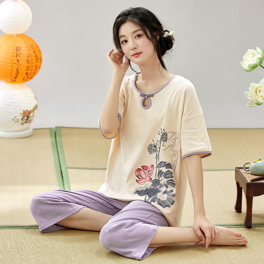 睡衣女夏季盘扣装饰短袖七分裤甜美薄款气质国风家居服新中式套装_ZSY 商品图1