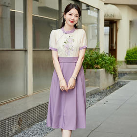 HRFS-58109夏季上新气质时尚新中式风刺绣设计高级感立领拼接高腰连衣裙