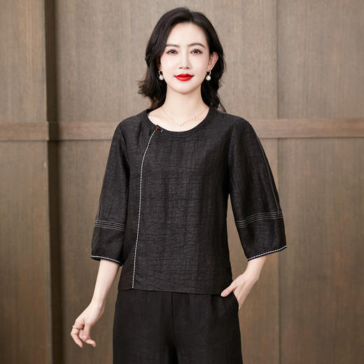 ASE春夏新款香云纱套装女年轻款两件套品牌宽松妈妈装大码真丝阔腿裤 商品图4