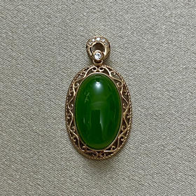 18K玫瑰金和田玉（碧玉）镶钻吊坠--珣碧/蛋面9*15mm/苹果绿