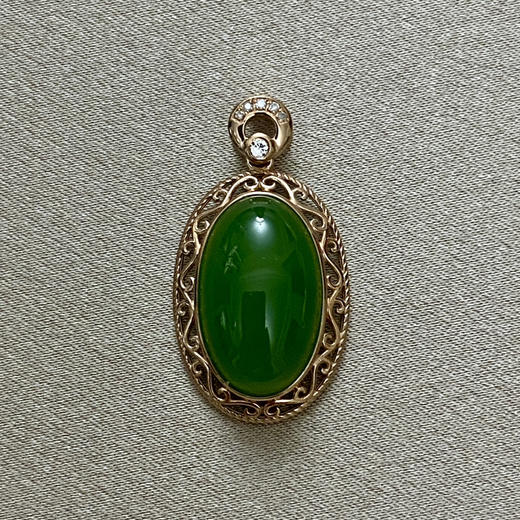18K玫瑰金和田玉（碧玉）镶钻吊坠--珣碧/蛋面9*15mm/苹果绿 商品图0