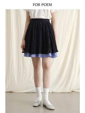 ForPoem 现货 24/SS原创设计夏季褶皱肌理感拼接格子下摆蓬蓬半身裙