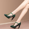 OLD3768防水台包头凉鞋女丁字带中空气质走秀高跟鞋尖头粗跟黑色漆皮绿色 商品缩略图1