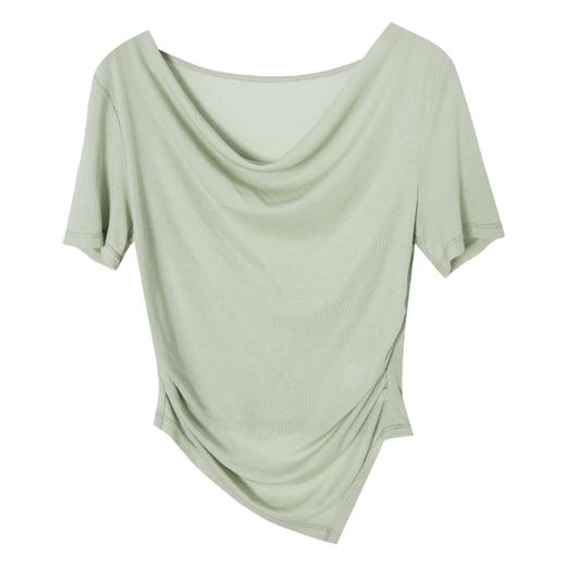 西嘉C+IMPRESS/西嘉醋酸天丝混纺荡领短袖T恤女夏褶皱收腰不规则下摆T2401068 商品图4