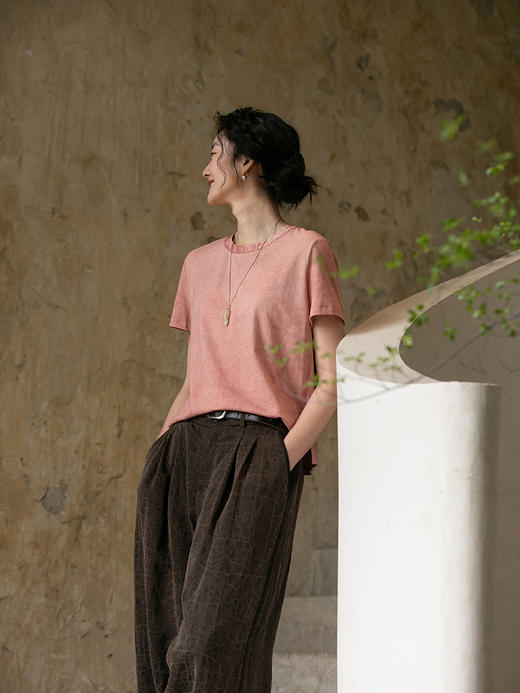 牧衣游原创汉麻棉炒色T恤女夏新款质朴做旧宽松圆领短袖上衣 听夏 商品图3