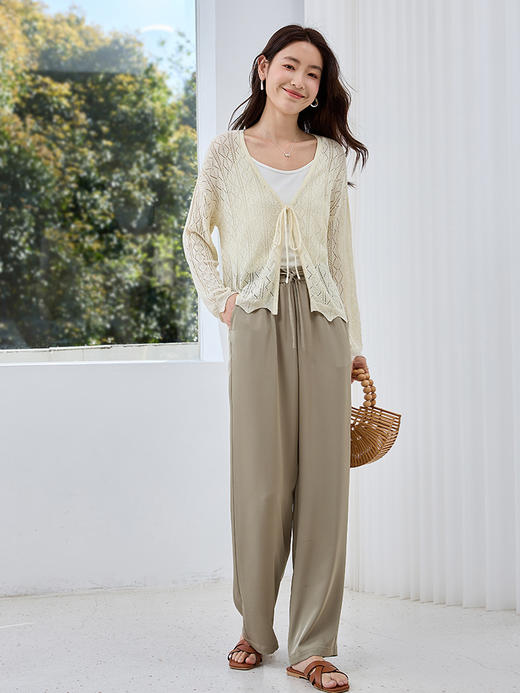 【专属特价】熙世界冰曲纱线系带V领薄针织开衫夏季空调衫镂空冰丝披肩上衣 商品图4