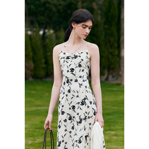 HeyDress黑白印花吊带裙女夏季法式复古收腰浪漫剪影碎花连衣裙子 商品图2