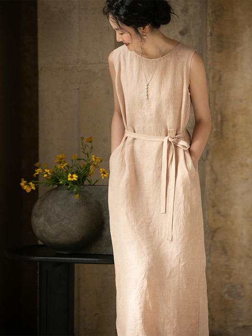 牧衣游原创 汉麻炒色连衣裙女夏新款简约纯色宽松无袖长裙 远山长 商品图0