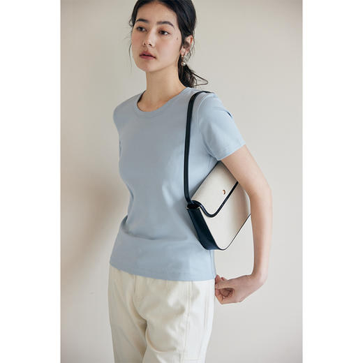 HeyDress纯色正肩T恤女夏季圆领修身弹力百搭半袖舒适感短袖上衣 商品图3