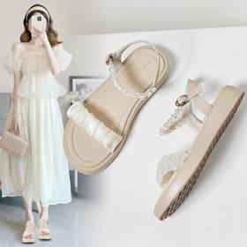 ZHR凉鞋女2024新款夏时尚百搭一字带珍珠凉鞋气质厚底沙滩鞋