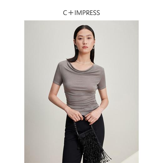 西嘉C+IMPRESS/西嘉醋酸天丝混纺荡领短袖T恤女夏褶皱收腰不规则下摆T2401068 商品图3