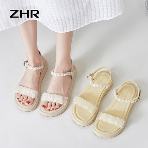 ZHR凉鞋女2024新款夏时尚百搭一字带珍珠凉鞋气质厚底沙滩鞋 商品图4