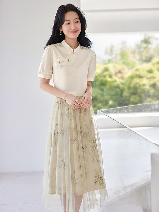 【专属特价】熙世界夏季新中式提花雪纺衬衫短袖国风盘扣立领改良版旗袍上衣 商品图2