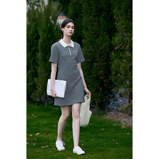 HeyDress条纹polo连衣裙女夏季翻领宽松直筒裙休闲小个子印花裙子 商品图0