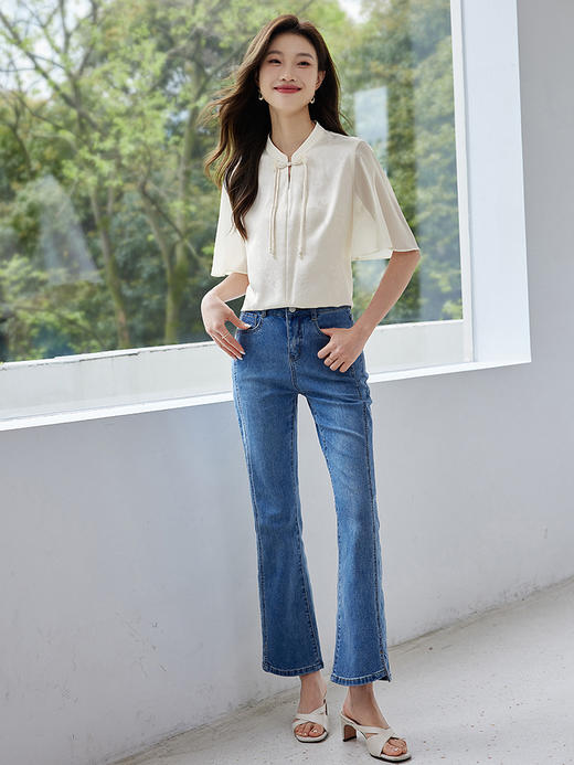 【专属特价】熙世界新中式盘扣提花雪纺衫女2025夏装新款国风荷叶袖小衫上衣 商品图4