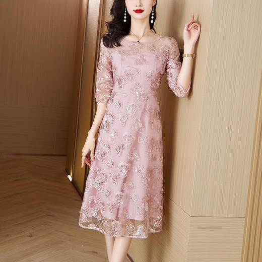 AHM-1962喜婆婆婚宴装粉色礼服裙夏季新款重工网纱提花连衣裙 商品图2