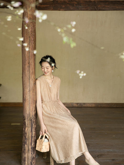 牧衣游原创 炒色丝棉无袖连衣裙女夏层次感显瘦气质宽松长裙 云净 商品图2