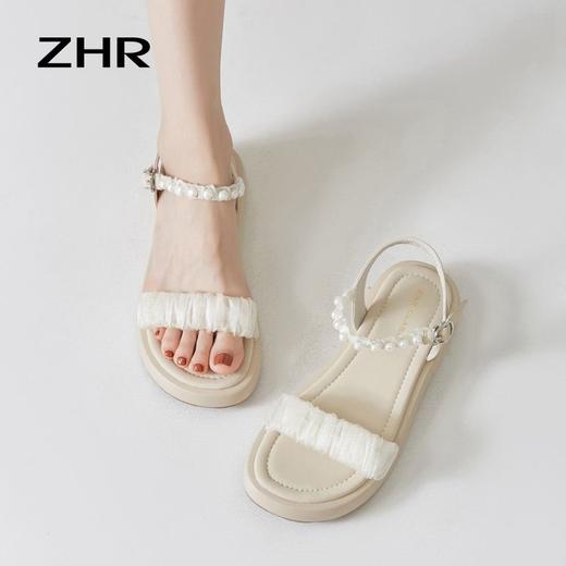 ZHR凉鞋女2024新款夏时尚百搭一字带珍珠凉鞋气质厚底沙滩鞋 商品图5