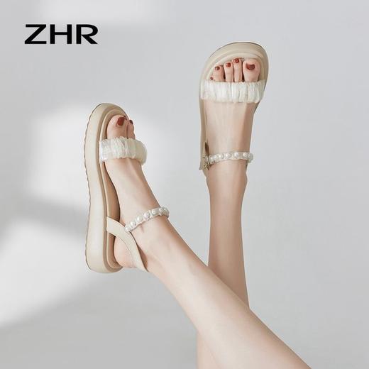 ZHR凉鞋女2024新款夏时尚百搭一字带珍珠凉鞋气质厚底沙滩鞋 商品图7