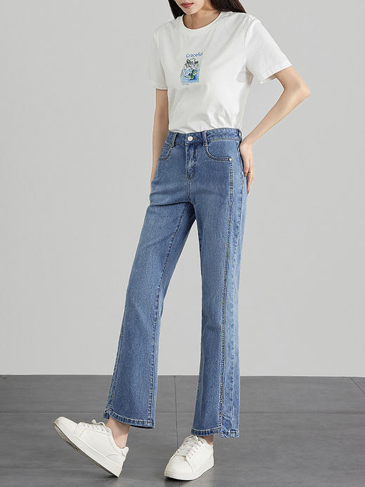 【专属特价】熙世界开衩微喇牛仔裤薄款2025夏季新款通勤修身显瘦微喇叭裤子 商品图4