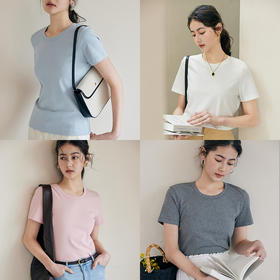 HeyDress纯色正肩T恤女夏季圆领修身弹力百搭半袖舒适感短袖上衣