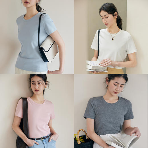 HeyDress纯色正肩T恤女夏季圆领修身弹力百搭半袖舒适感短袖上衣 商品图0
