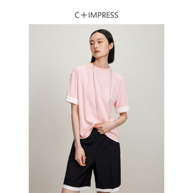 西嘉【现货】C+IMPRESS/西嘉匹马棉撞色翻遍袖口短袖T恤女夏宽松设计感纸片人T2402004