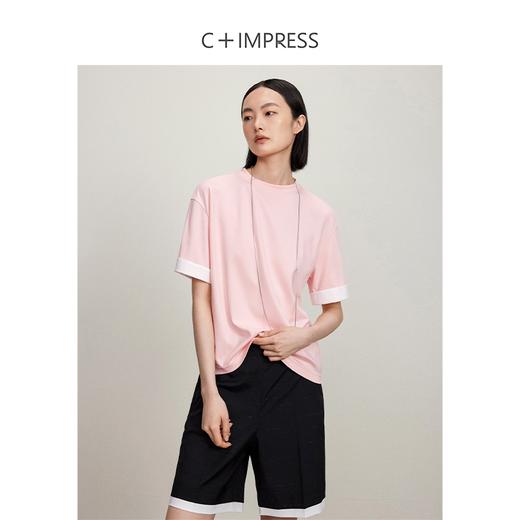 西嘉【现货】C+IMPRESS/西嘉匹马棉撞色翻遍袖口短袖T恤女夏宽松设计感纸片人T2402004 商品图0