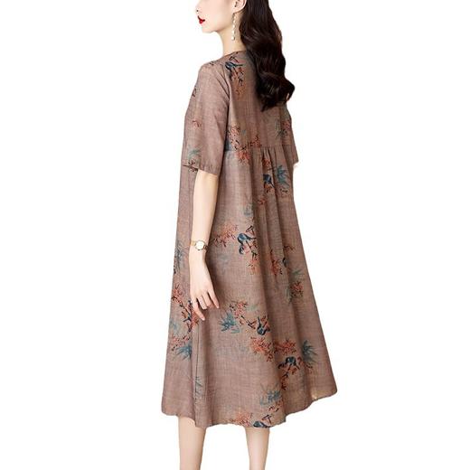 AHMmmc6906苎麻重工捏褶印花长裙2024夏季新款国风V领刺绣宽松高腰连衣裙女 商品图4