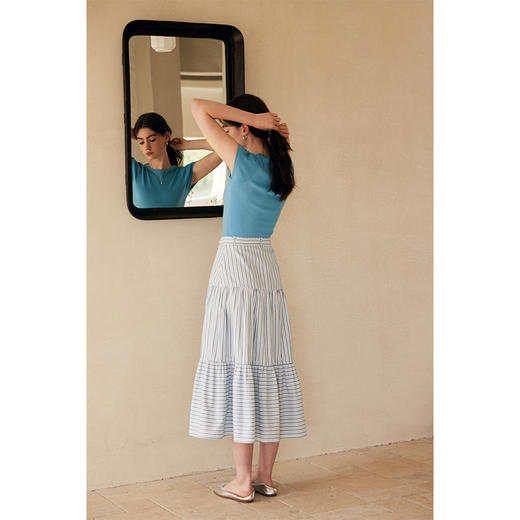 HeyDress蓝白条纹半身裙女夏季高腰系带拼接设计感伞摆A字半裙子 商品图3